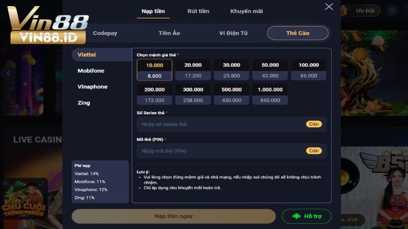 Cần nhập đúng số seri và số thẻ cào